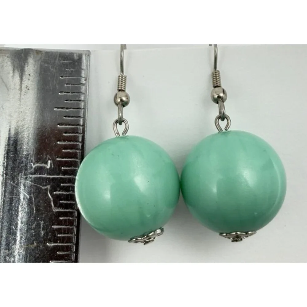 Vintage Turquoise Lucite Ball Drop Earrings Aqua Green Orb Retro Mod 1960s